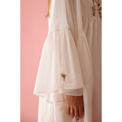 Nikasha Cream Banana Tree Print Yoke Frill Dress