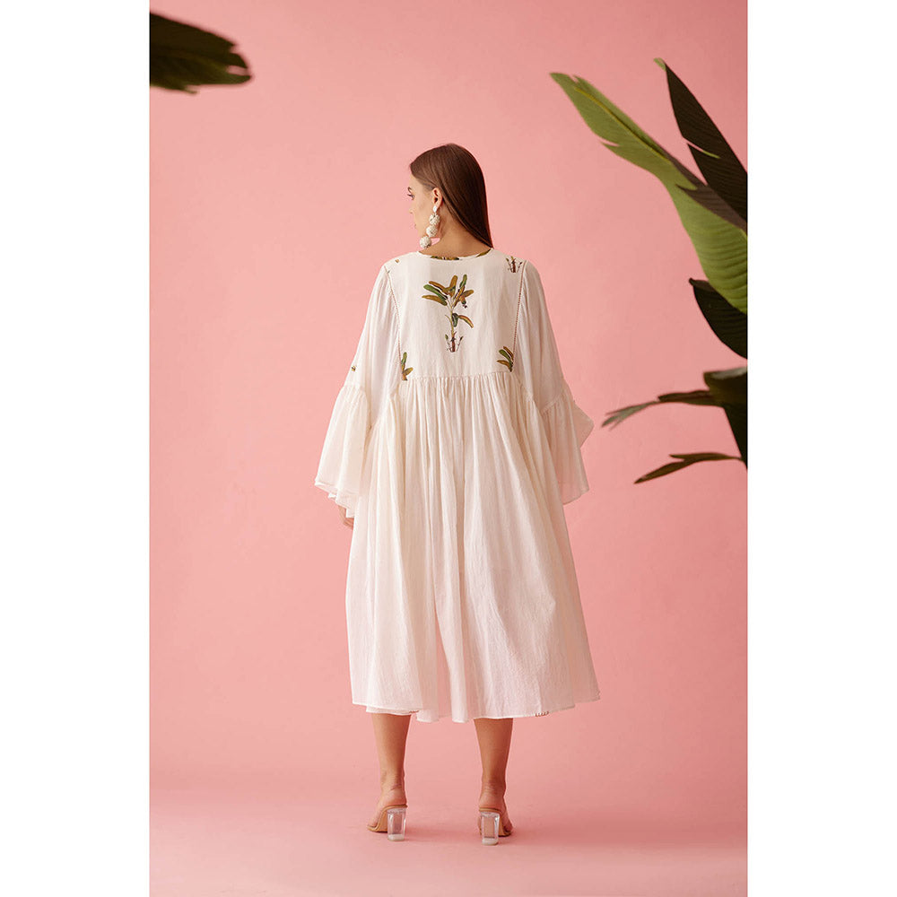 Nikasha Cream Banana Tree Print Yoke Frill Dress