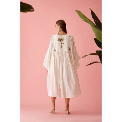 Nikasha Cream Banana Tree Print Yoke Frill Dress