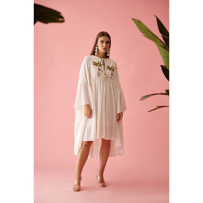 Nikasha Cream Banana Tree Print Yoke Frill Dress