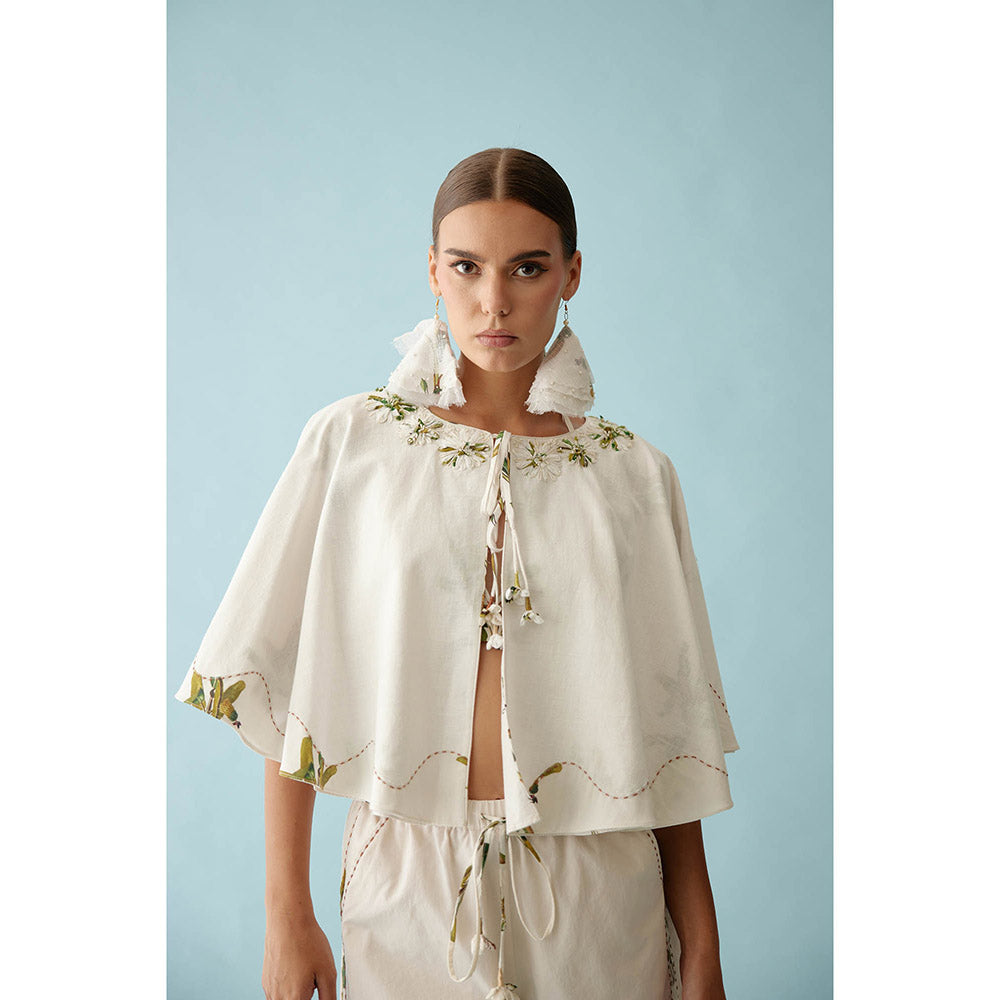 Nikasha Cream Fabric Ribbon Embroidered Flower Reversible Cape