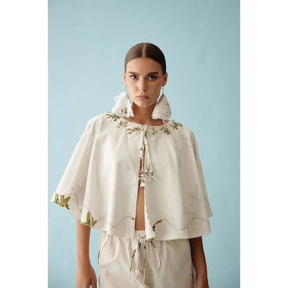 Nikasha Cream Fabric Ribbon Embroidered Flower Reversible Cape
