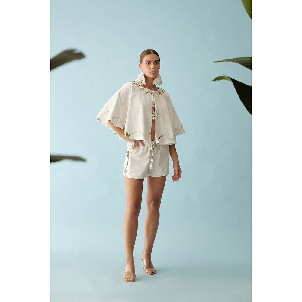 Nikasha Cream Fabric Ribbon Embroidered Flower Reversible Cape