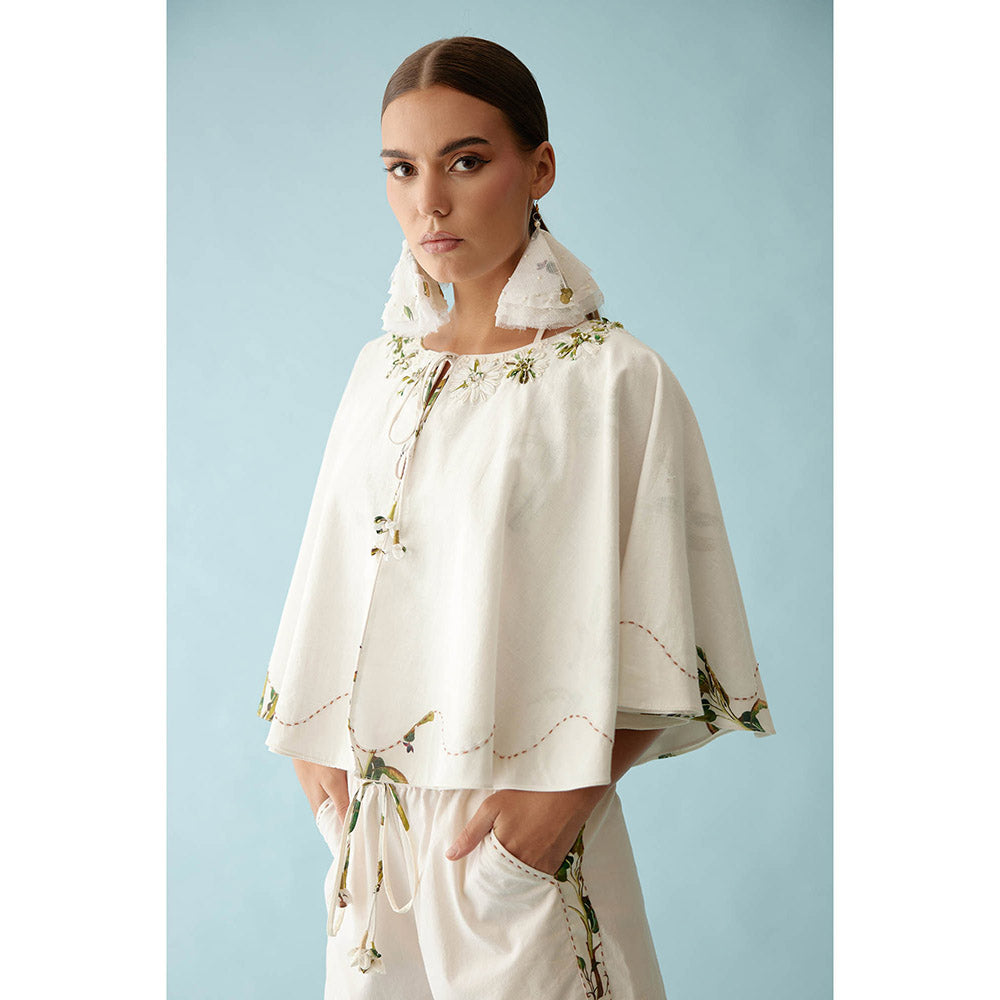 Nikasha Cream Fabric Ribbon Embroidered Flower Reversible Cape