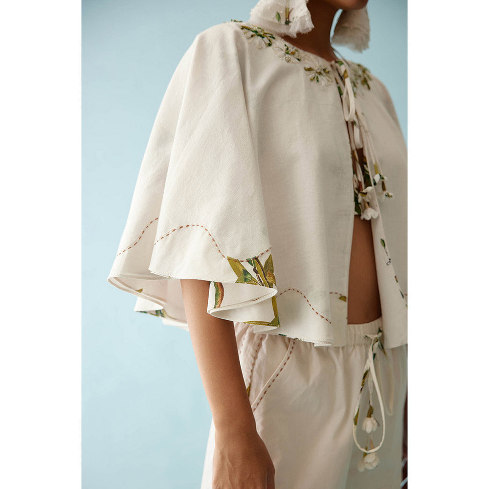 Nikasha Cream Fabric Ribbon Embroidered Flower Reversible Cape