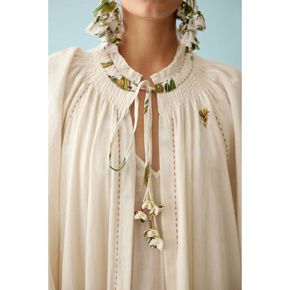 Nikasha Cream Handwoven Jamdani Cotton Bubble Sleeves Overlay