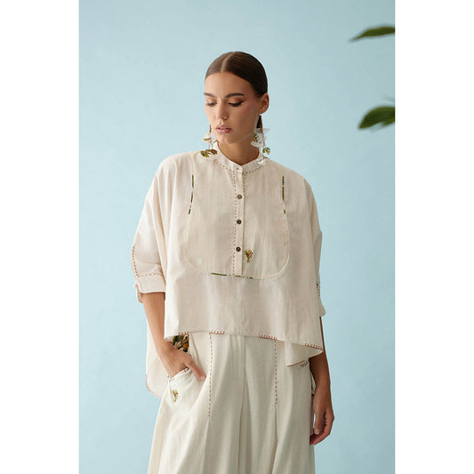 Nikasha Cream Handwoven Jamdani Yoke Hi-Low Top