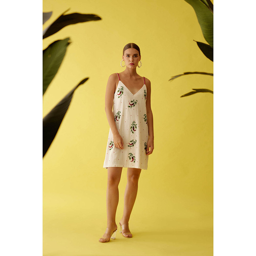Nikasha Off-White Hand Painted Chilli Print V-Neck Slip Dress