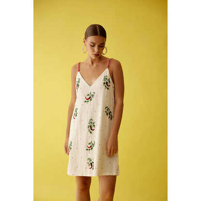 Nikasha Off-White Hand Painted Chilli Print V-Neck Slip Dress