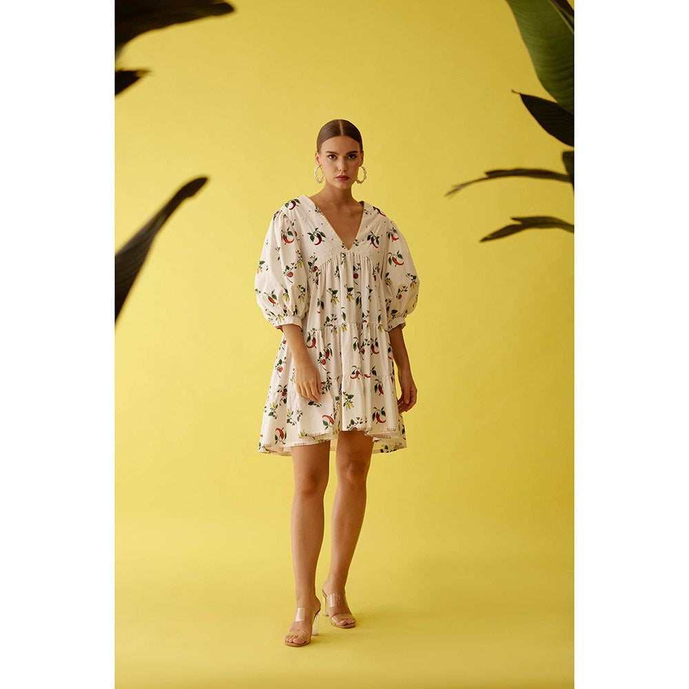 Nikasha Off-White Hand Painted Chilli Print Bubble Sleeve Tier Dress