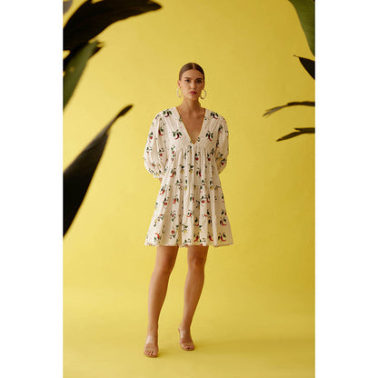 Nikasha Off-White Hand Painted Chilli Print Bubble Sleeve Tier Dress