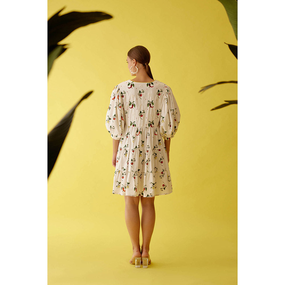 Nikasha Off-White Hand Painted Chilli Print Bubble Sleeve Tier Dress