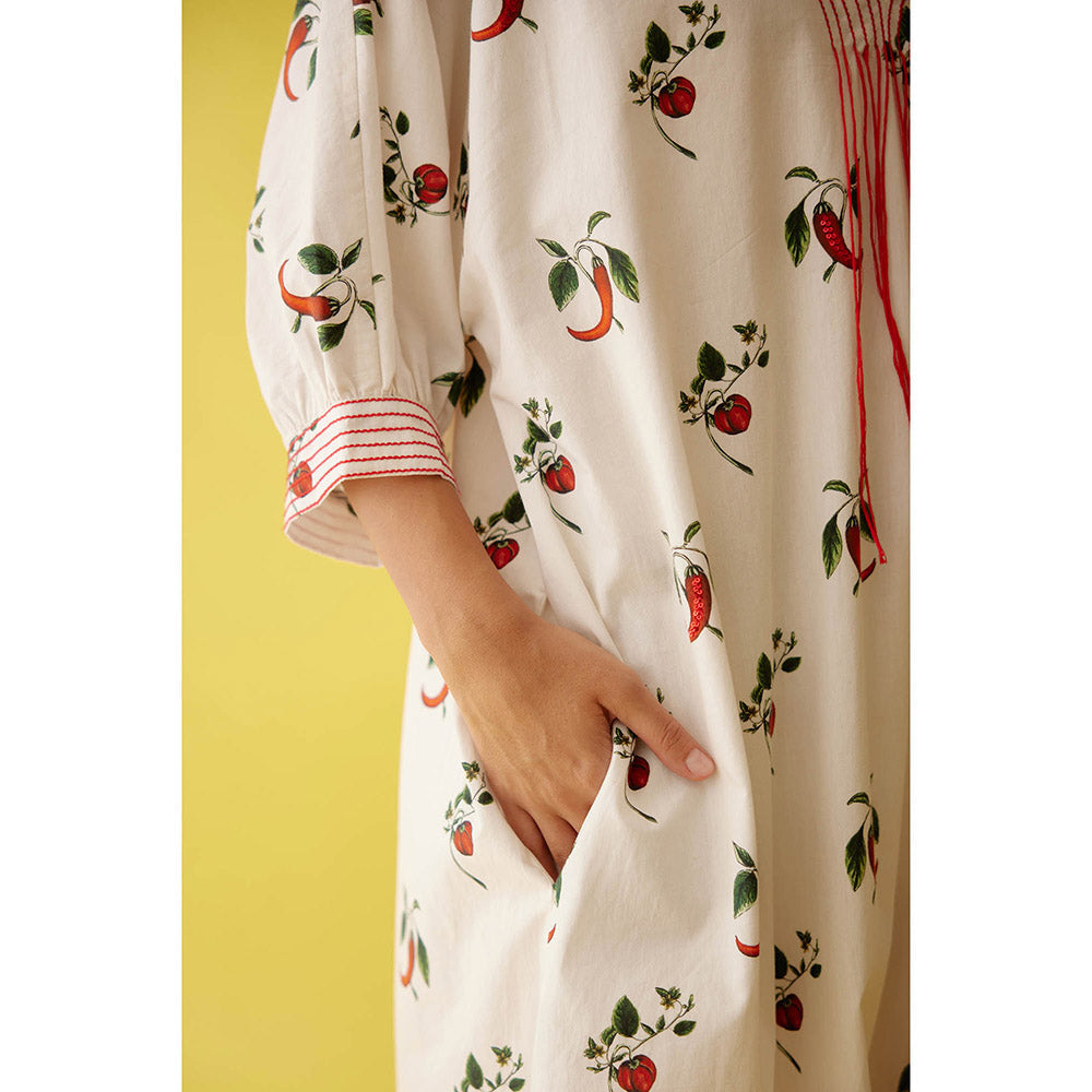 Nikasha Off-White Hand Painted Chilli Print Midi Dress