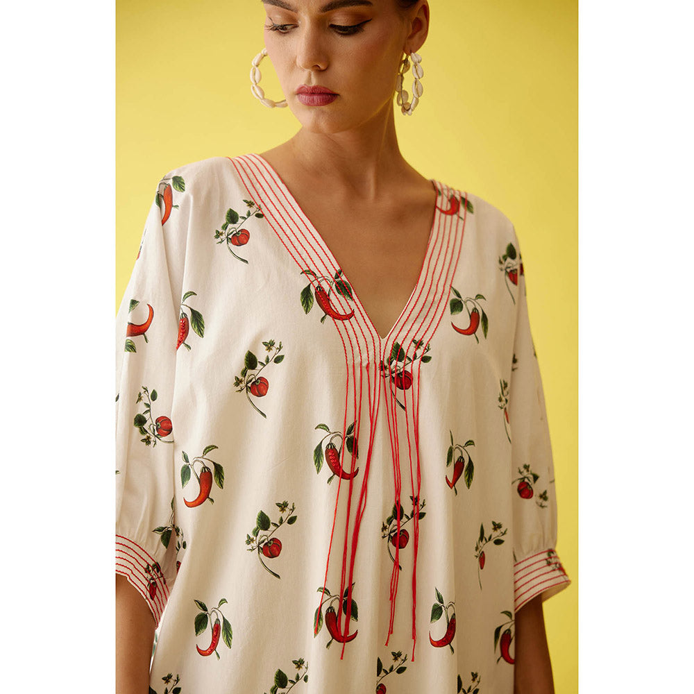Nikasha Off-White Hand Painted Chilli Print Midi Dress
