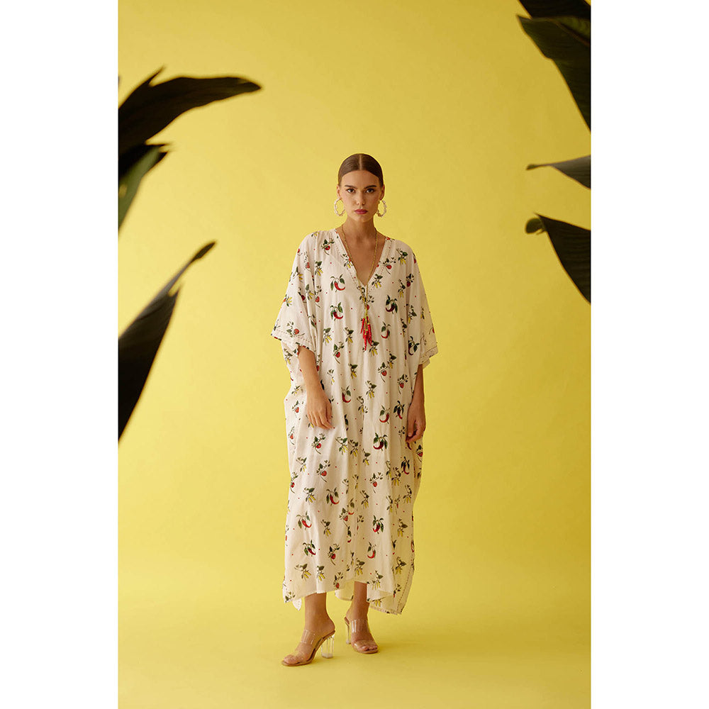 Nikasha Off-White Hand Painted Chilli Print Kaftan Dress