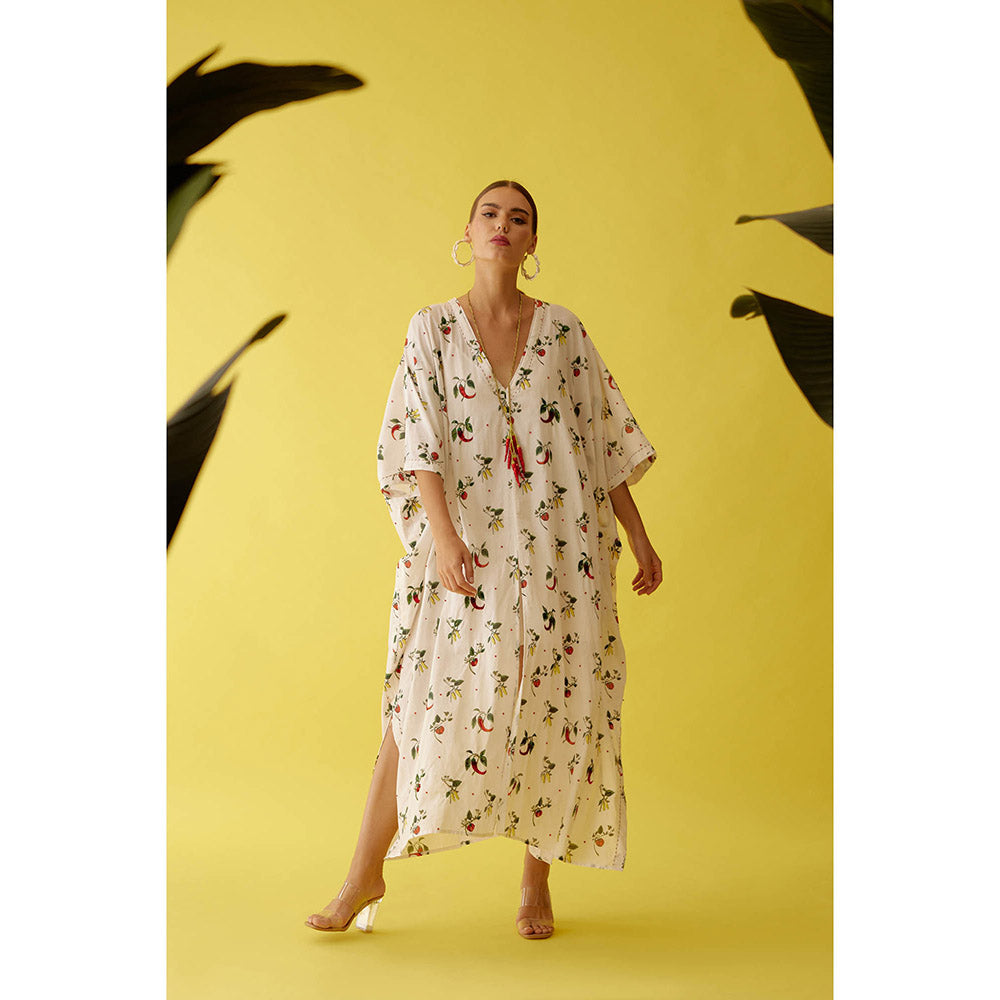 Nikasha Off-White Hand Painted Chilli Print Kaftan Dress