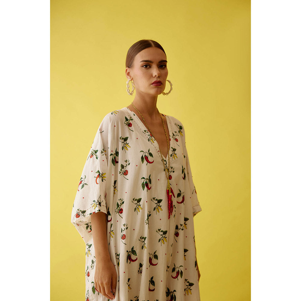 Nikasha Off-White Hand Painted Chilli Print Kaftan Dress