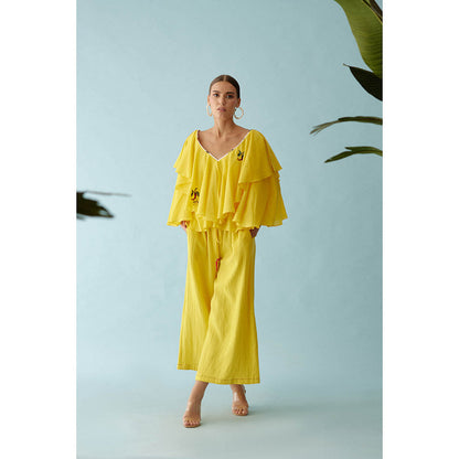 Nikasha Yellow Hand Embroidered Chillies Applique Co-Ord (Set of 2)