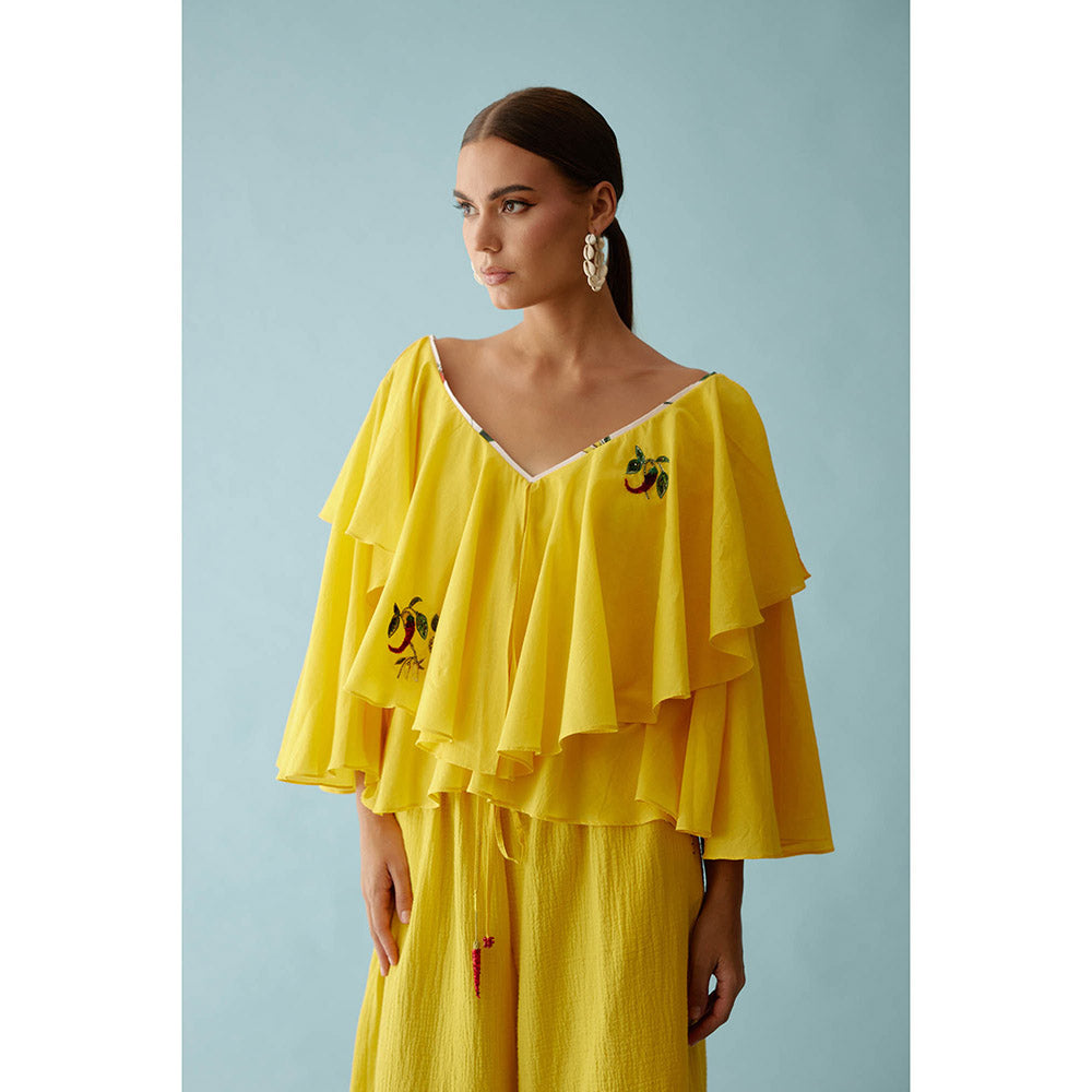 Nikasha Yellow Hand Embroidered Chilli Applique Frill Top