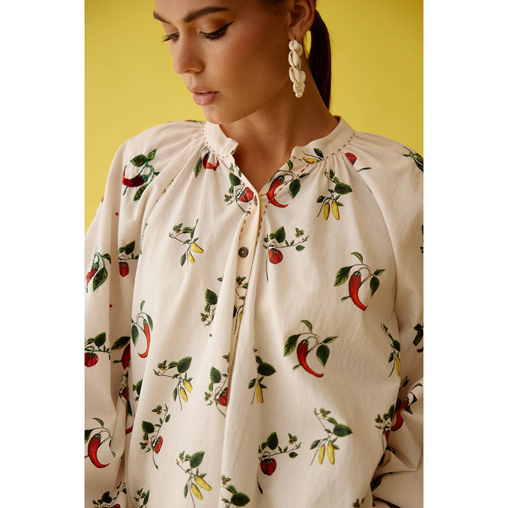 Nikasha Off-White Hand Painted Chilli Print Raglan Sleeve Top