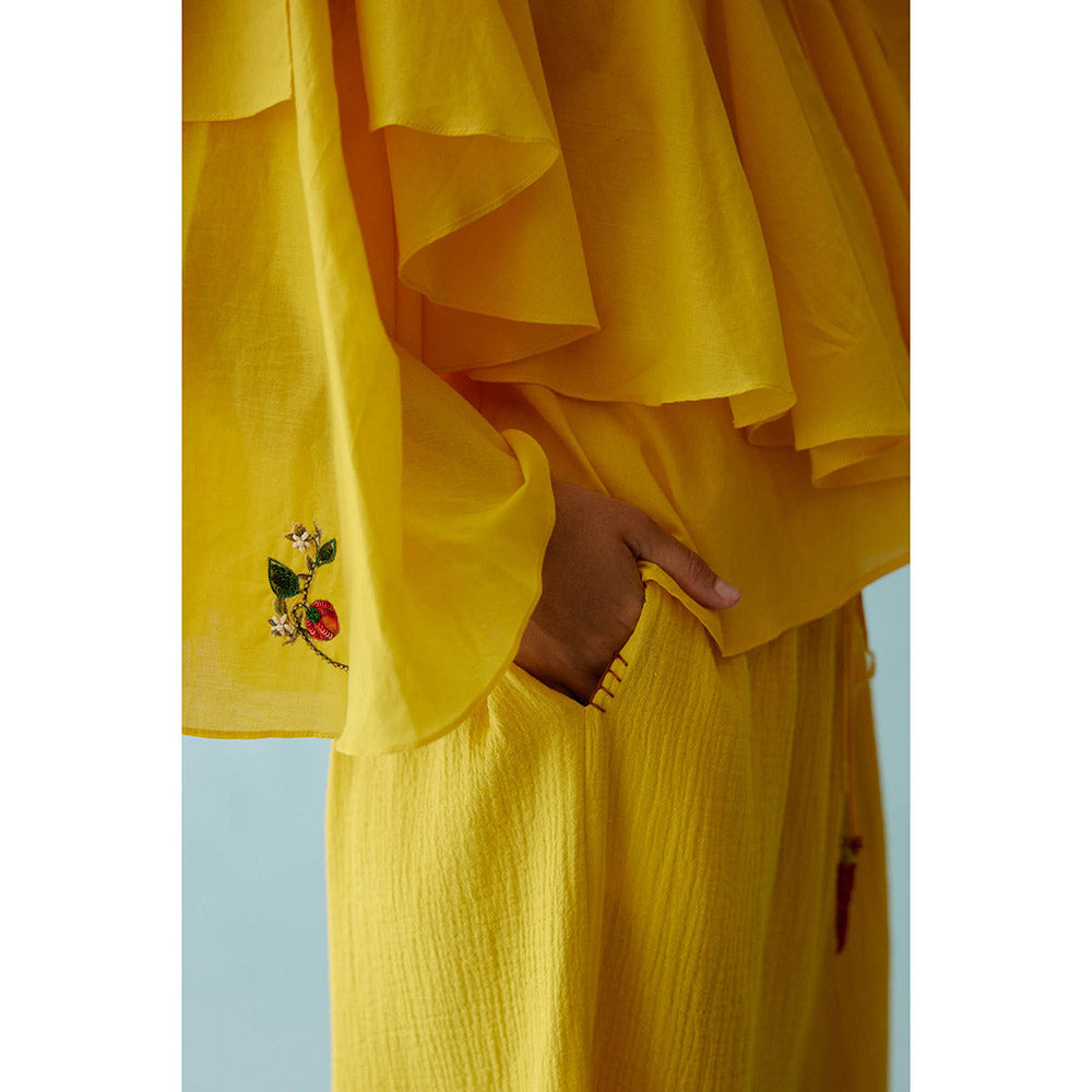 Nikasha Yellow Hand Embroidered Chilli Applique Wide Leg Pants