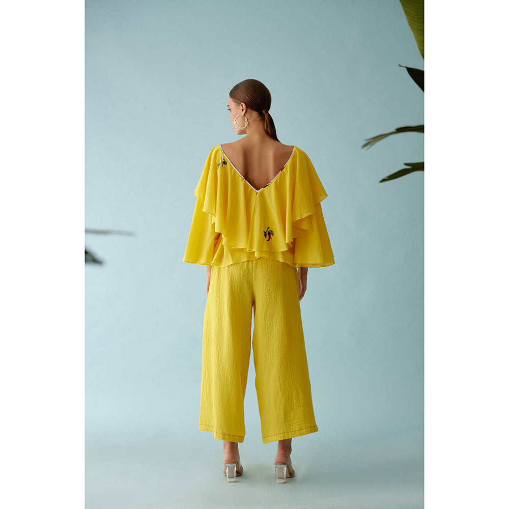 Nikasha Yellow Hand Embroidered Chilli Applique Wide Leg Pants