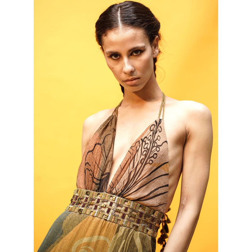 Nikita Mhaisalkar Tropical Mustard Print Maxi with African Baroque Hand Embroidery