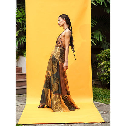Nikita Mhaisalkar Tropical Mustard Print Maxi with African Baroque Hand Embroidery