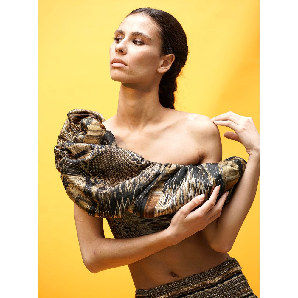 Nikita Mhaisalkar Natural Python Print Off Shoulder Top