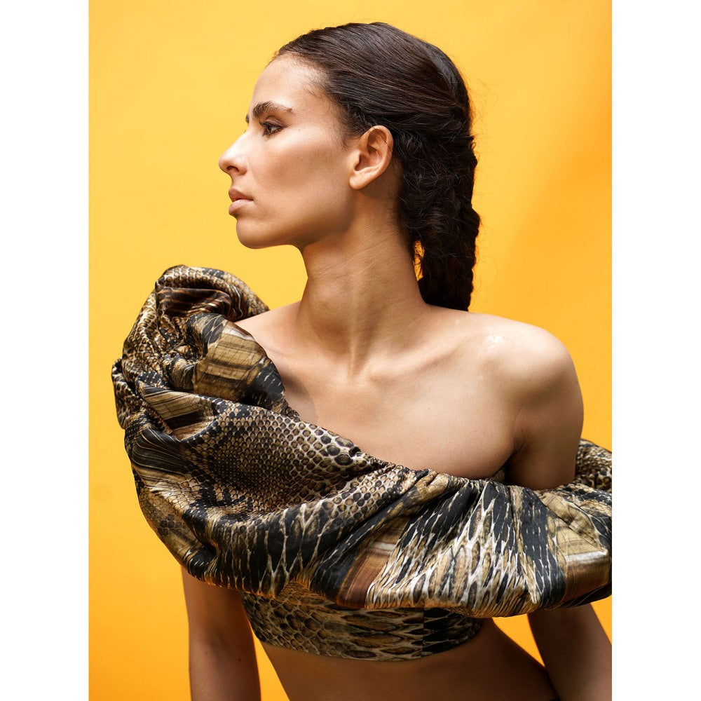 Nikita Mhaisalkar Natural Python Print Off Shoulder Top