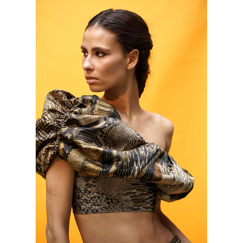 Nikita Mhaisalkar Natural Python Print Off Shoulder Top