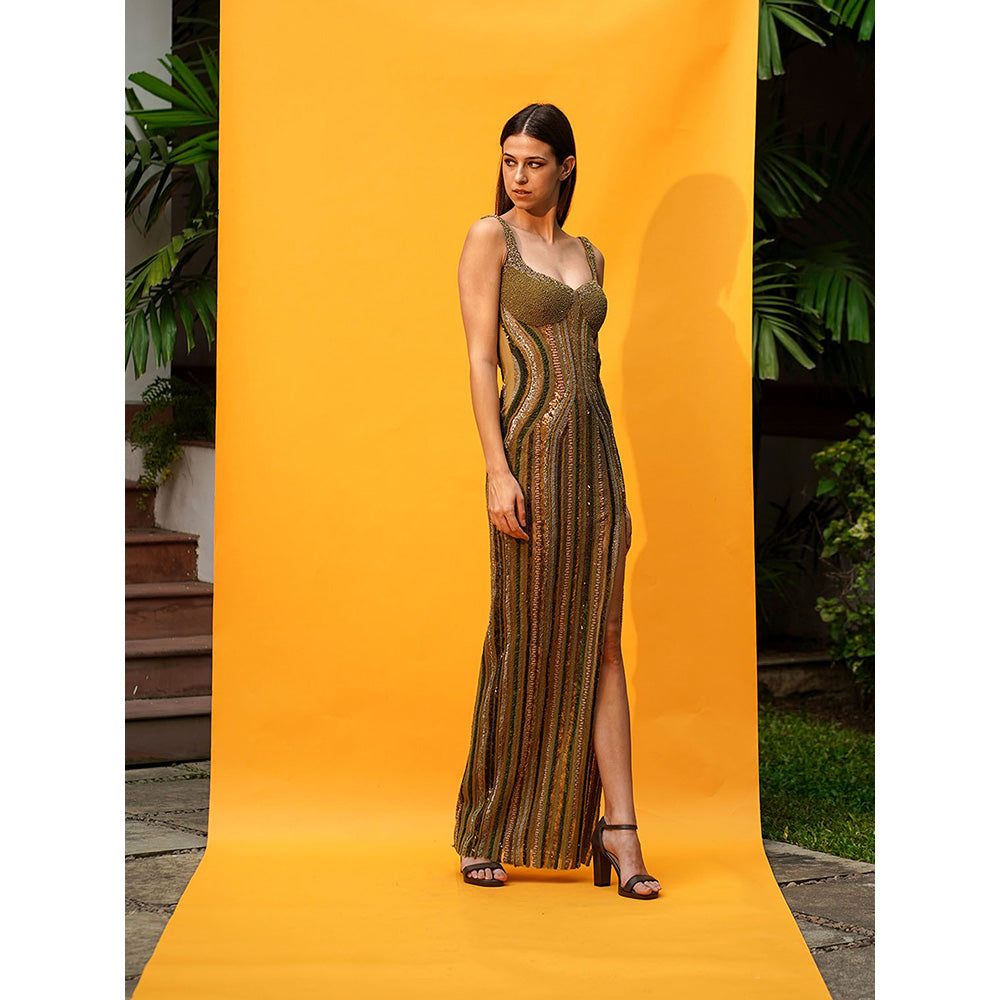 Nikita Mhaisalkar Tulle African Baroque Hand Embroidered Dress with Slit