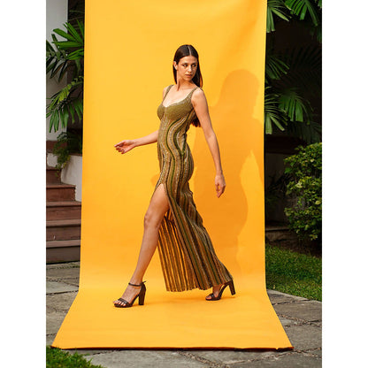 Nikita Mhaisalkar Tulle African Baroque Hand Embroidered Dress with Slit