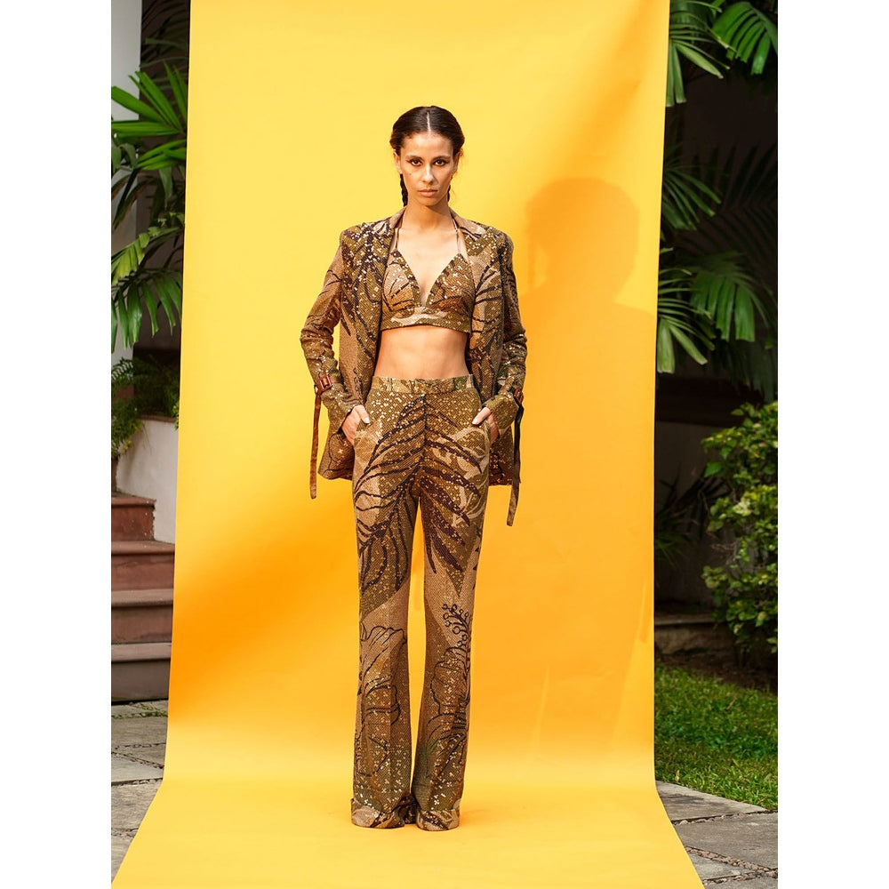 Nikita Mhaisalkar Tropical Brown Pant Suit (Set of 3)