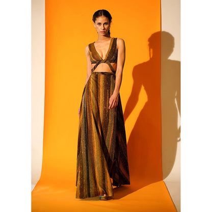 Nikita Mhaisalkar Green Stripe Print Cut-out High Slit Dress