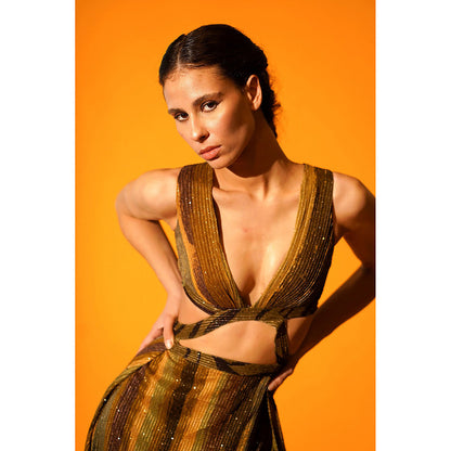 Nikita Mhaisalkar Green Stripe Print Cut-out High Slit Dress