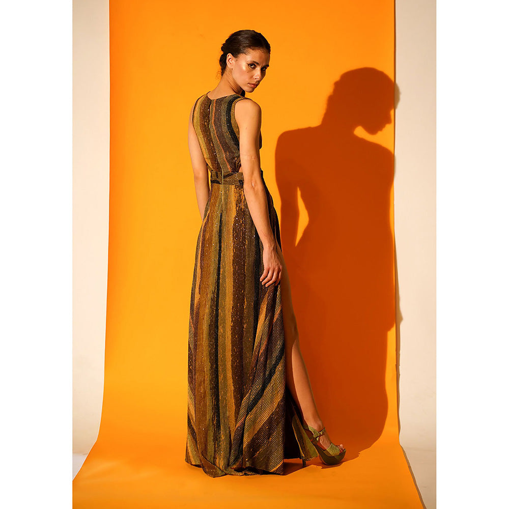 Nikita Mhaisalkar Green Stripe Print Cut-out High Slit Dress