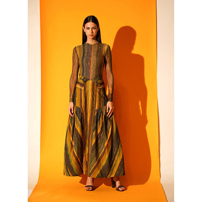 Nikita Mhaisalkar Green Stripe Print High Waisted Detailed Skirt