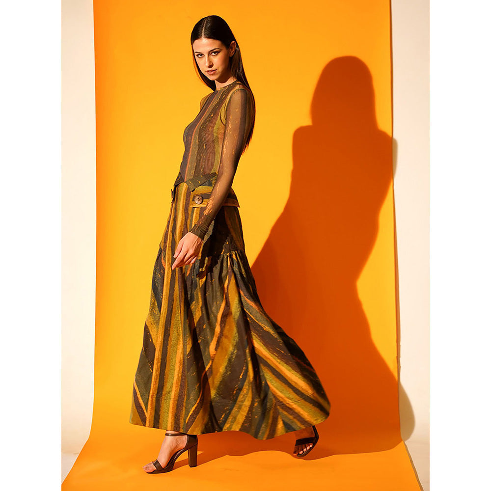 Nikita Mhaisalkar Green Stripe Print High Waisted Detailed Skirt