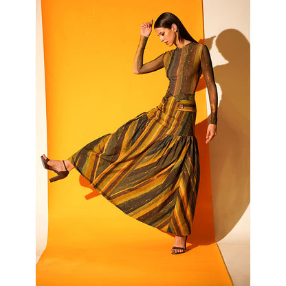 Nikita Mhaisalkar Green Stripe Print High Waisted Detailed Skirt