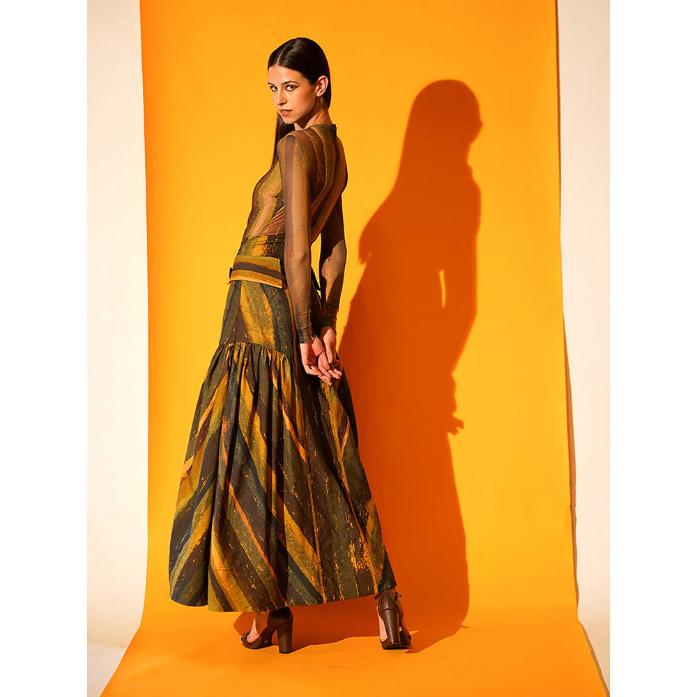 Nikita Mhaisalkar Green Stripe Print High Waisted Detailed Skirt