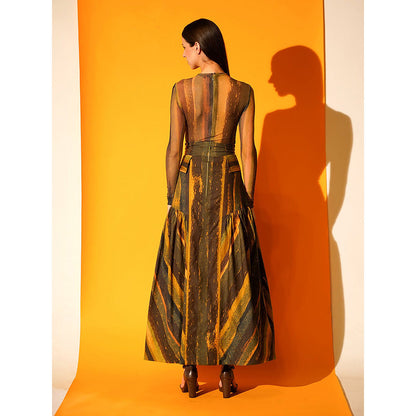 Nikita Mhaisalkar Green Stripe Print High Waisted Detailed Skirt