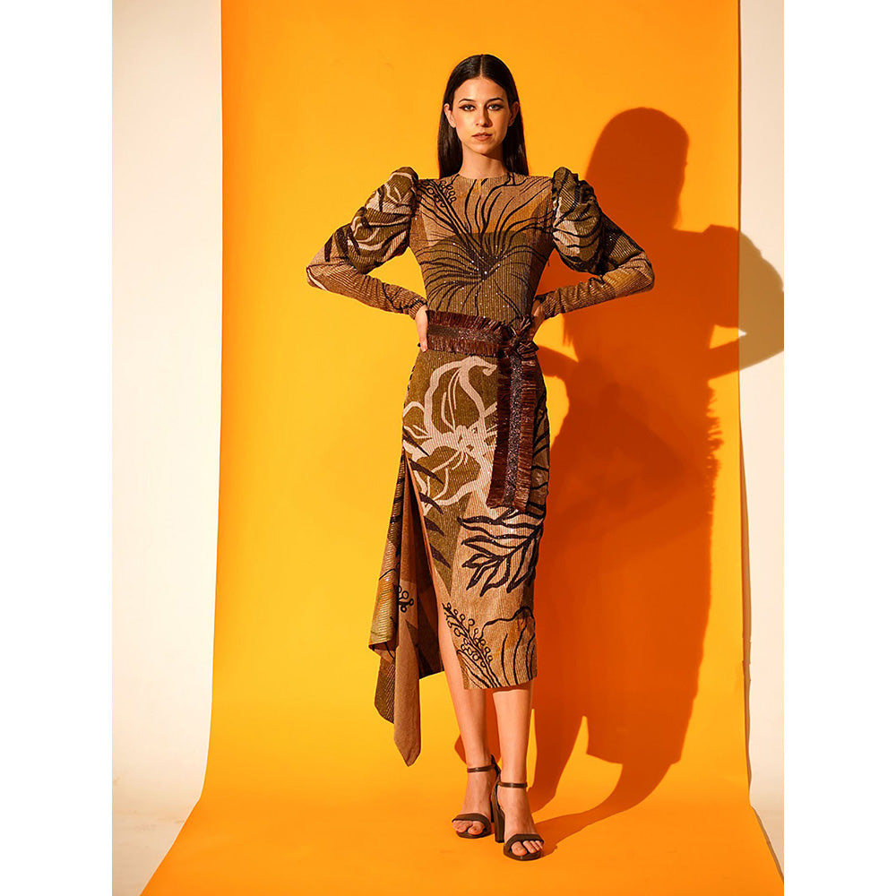 Nikita Mhaisalkar Tropical Brown Mutton Sleeve Dress with Slit
