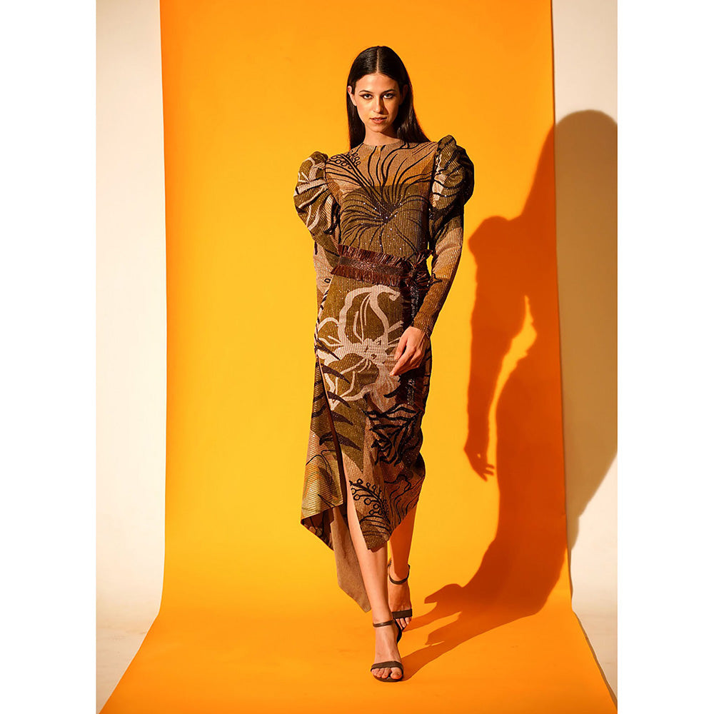 Nikita Mhaisalkar Tropical Brown Mutton Sleeve Dress with Slit