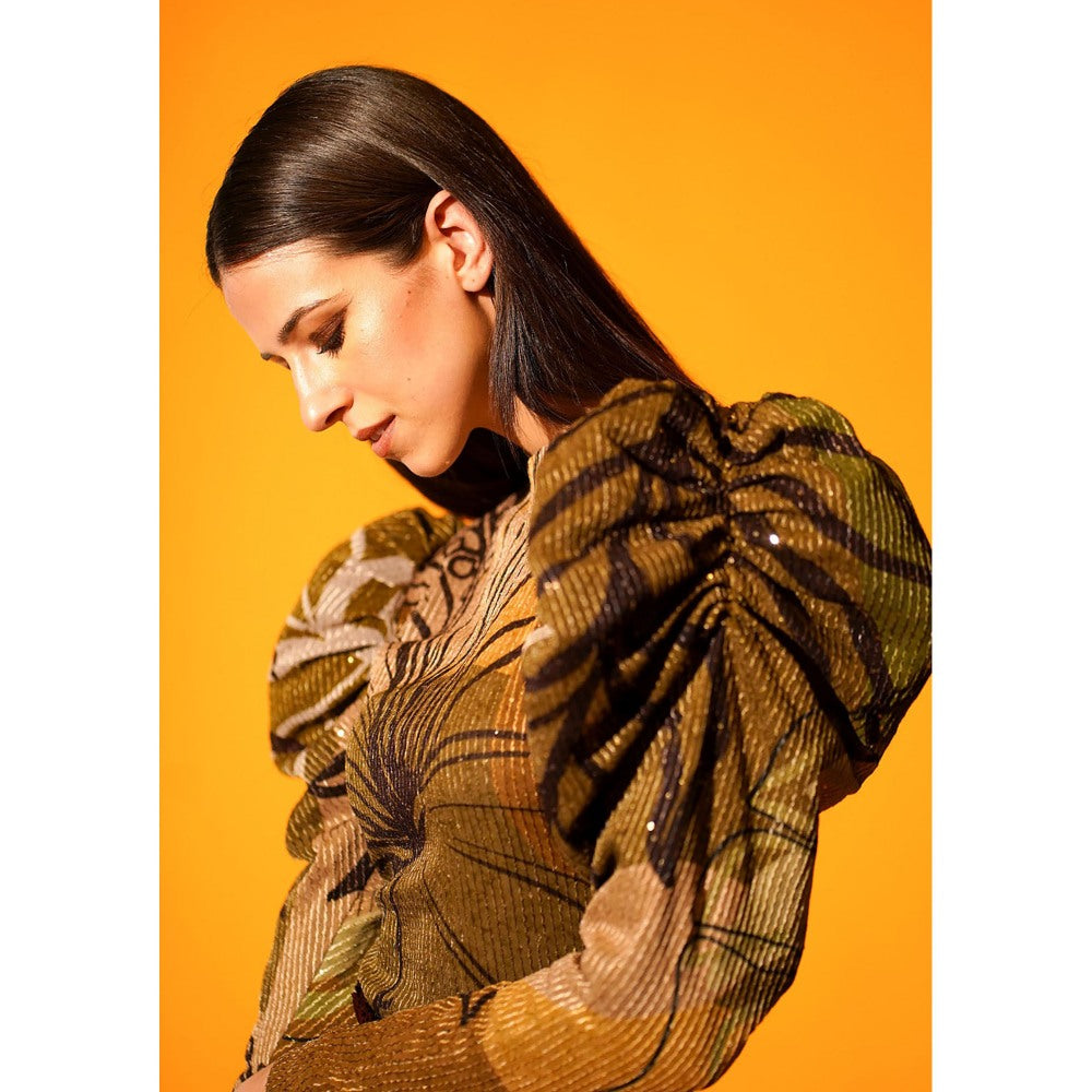 Nikita Mhaisalkar Tropical Brown Mutton Sleeve Dress with Slit