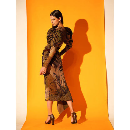 Nikita Mhaisalkar Tropical Brown Mutton Sleeve Dress with Slit