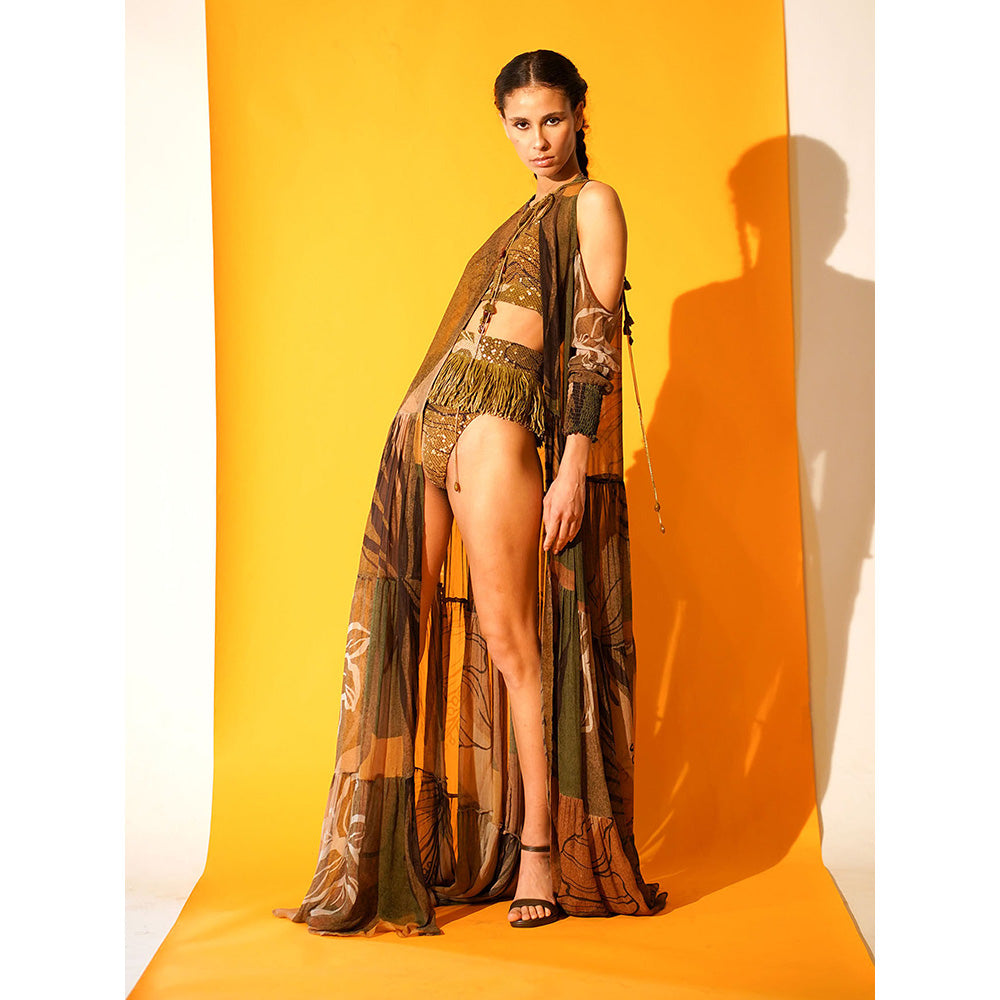 Nikita Mhaisalkar Tropical Brown Print Cut-out Shoulder Cape