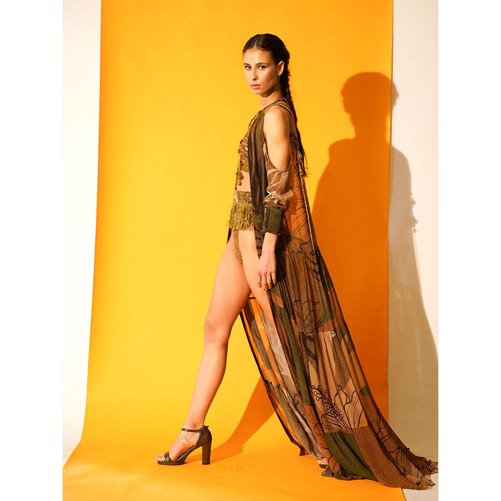 Nikita Mhaisalkar Tropical Brown Print Cut-out Shoulder Cape