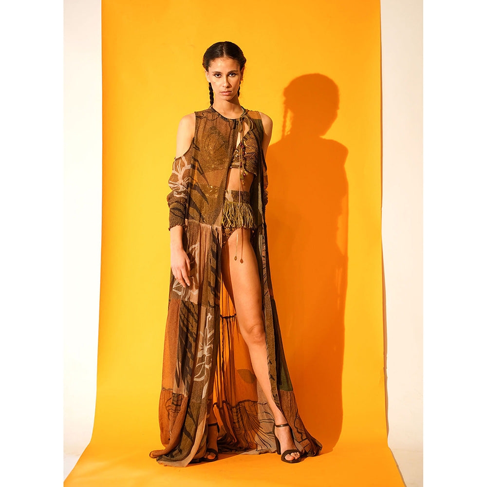 Nikita Mhaisalkar Tropical Brown Print Cut-out Shoulder Cape