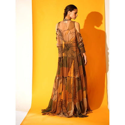 Nikita Mhaisalkar Tropical Brown Print Cut-out Shoulder Cape